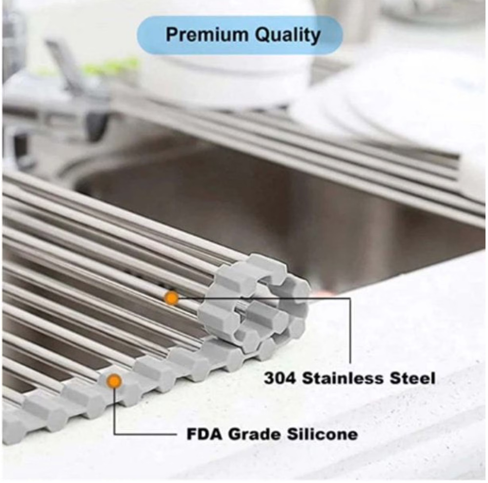 Over The Sink Roll Up Dish Drying Rack Stainless Steel Kitchen Drying Rack-Large